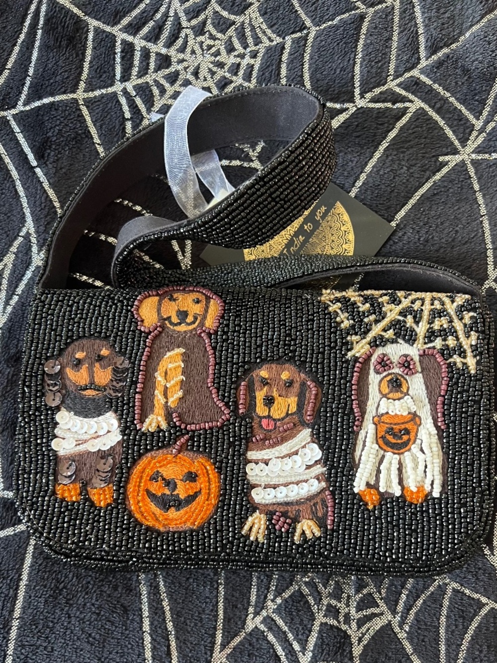 Beaded Black Halloween Dog-Embroidered Shoulder Bag